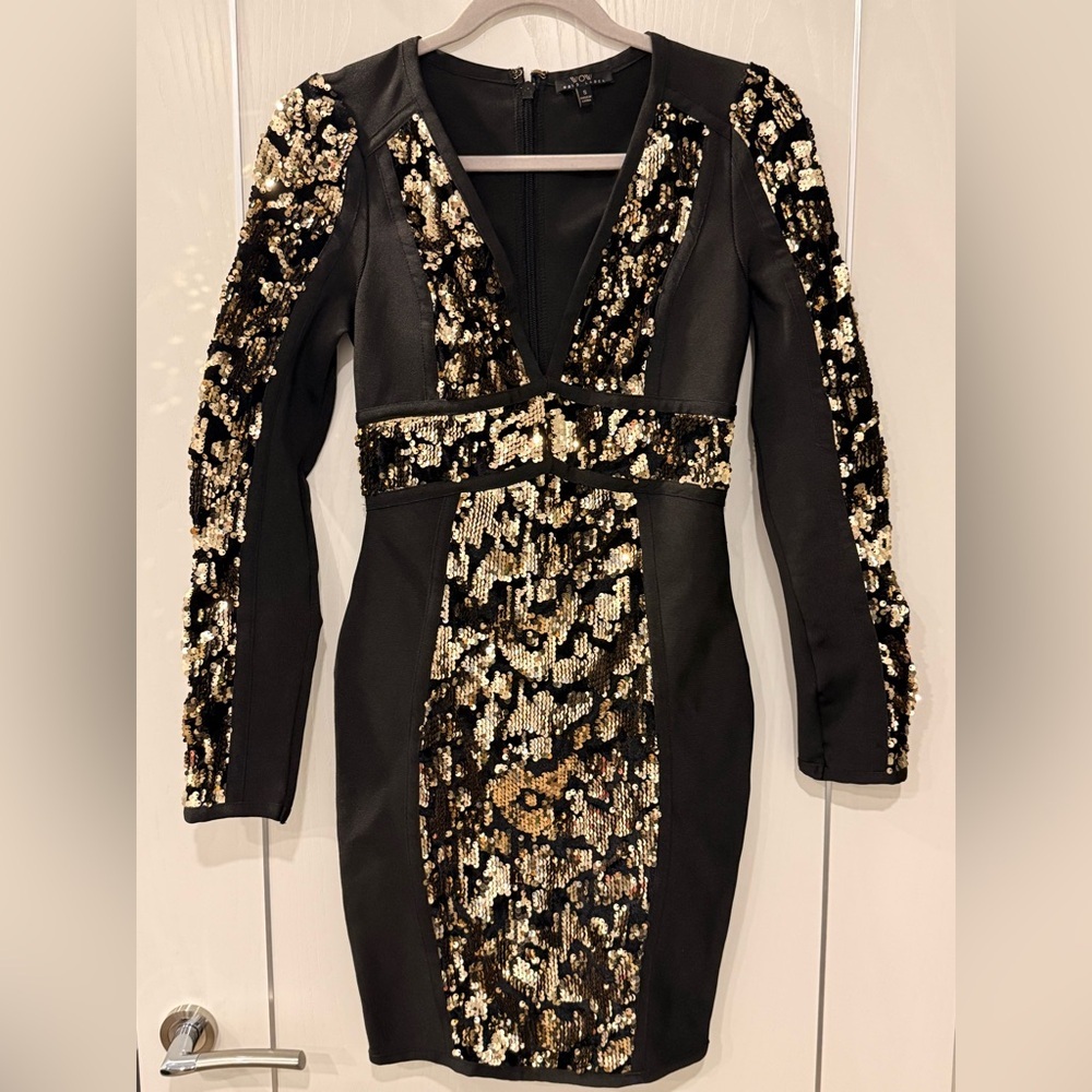 Wow Couture Women’s Black And Gold Sequin Long Sleeve Dress Size S Wedding Guest